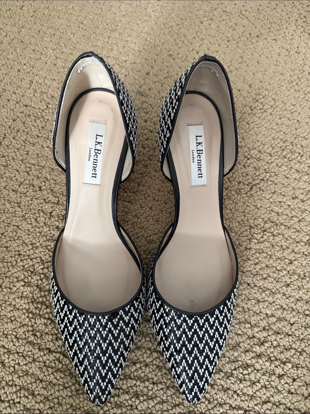 LK Bennett Black & White Pointed D'Orsay Flats with Woven Chevron